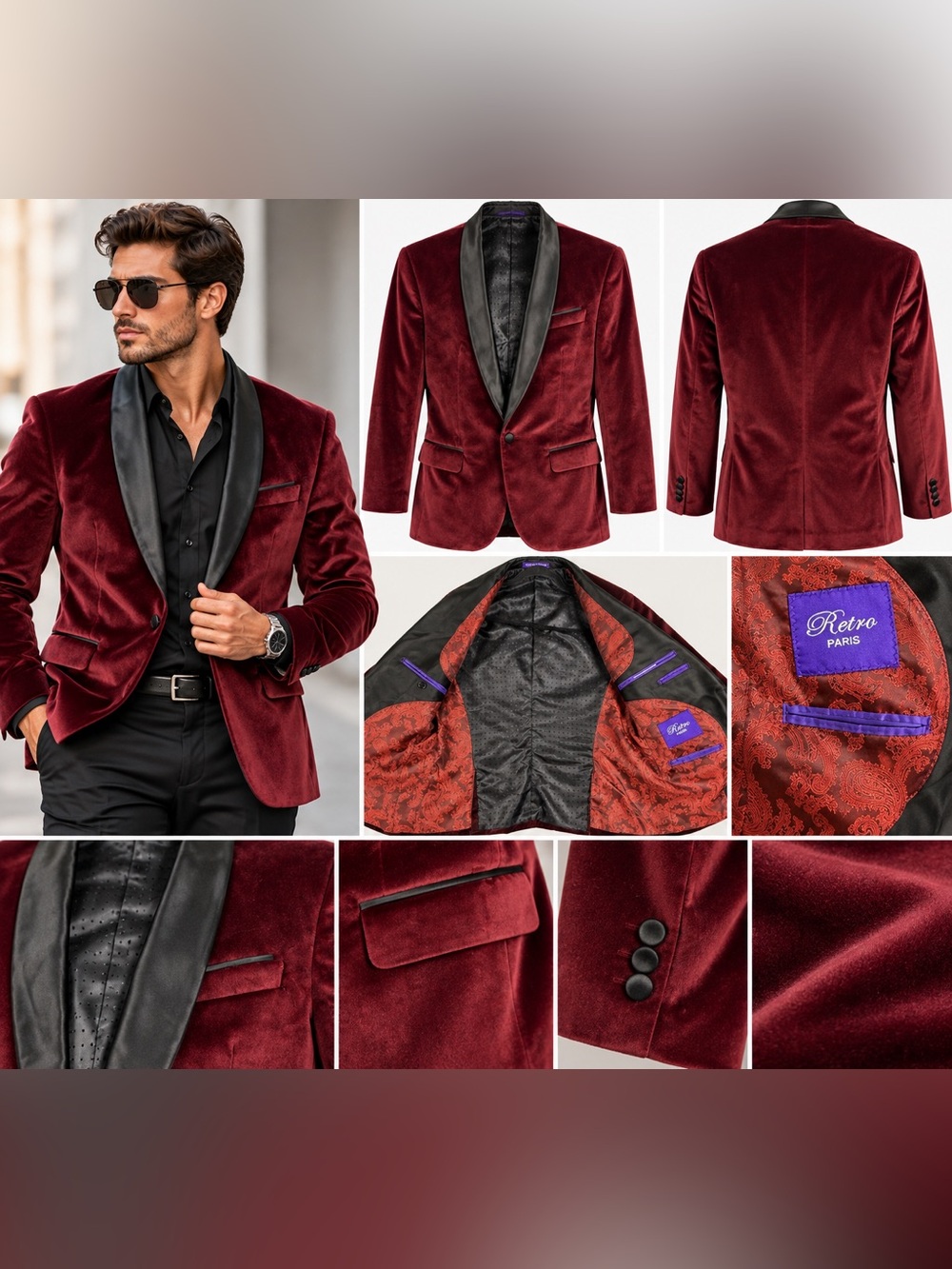 Retro Paris Men’s Burgundy Velvet Blazer Black Satin Shawl Collar Paisley